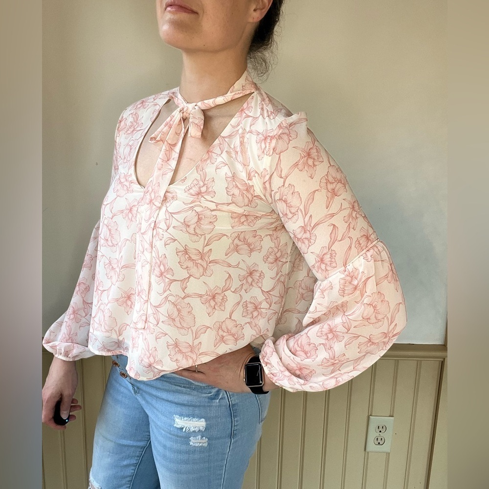 LUSH Floral Tie Neck Tunic Sheer Blouse Feminine Flowy Bell Sleeves Women’s Sz M